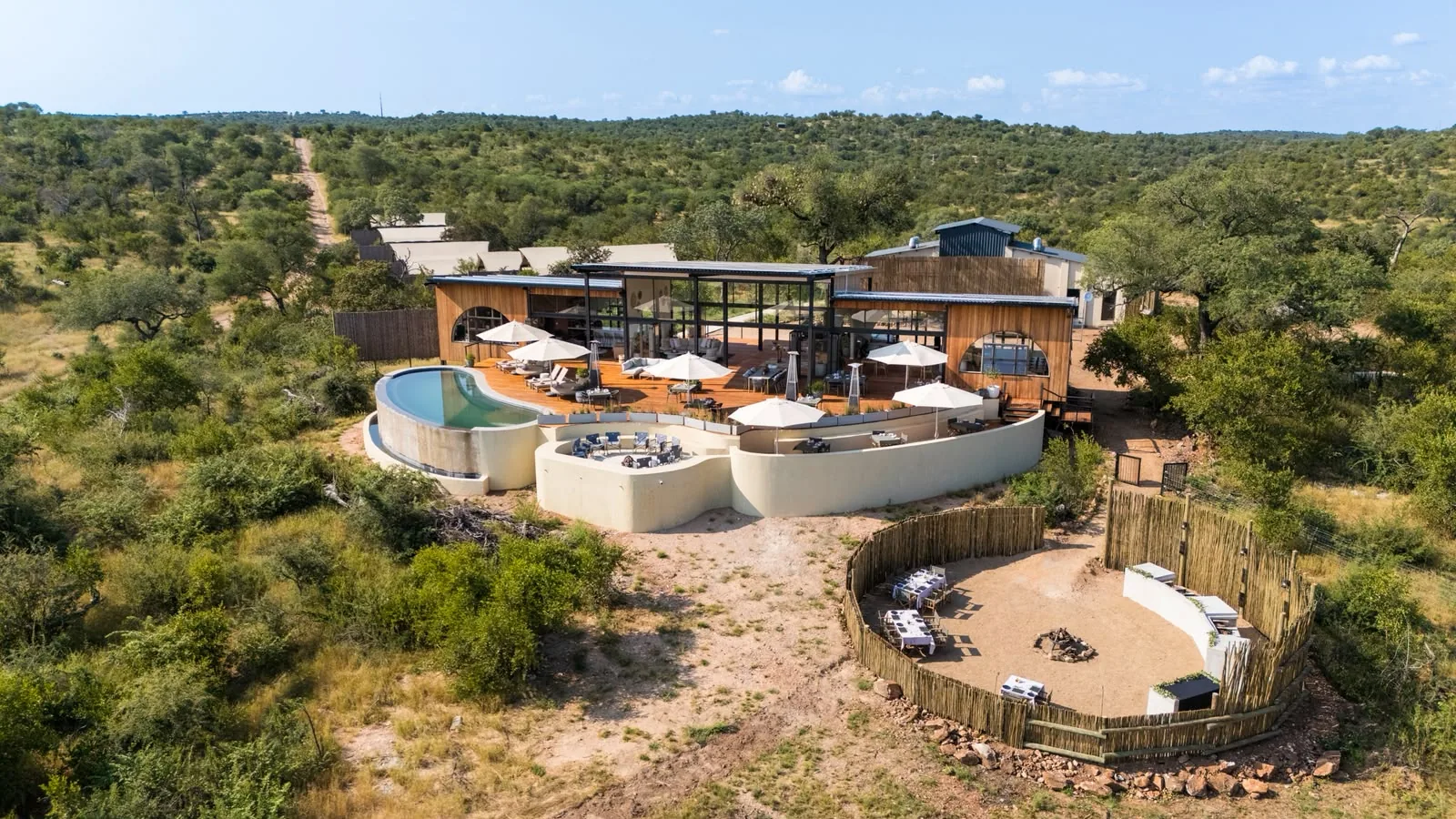 Aerial of lodge and surrounding bush