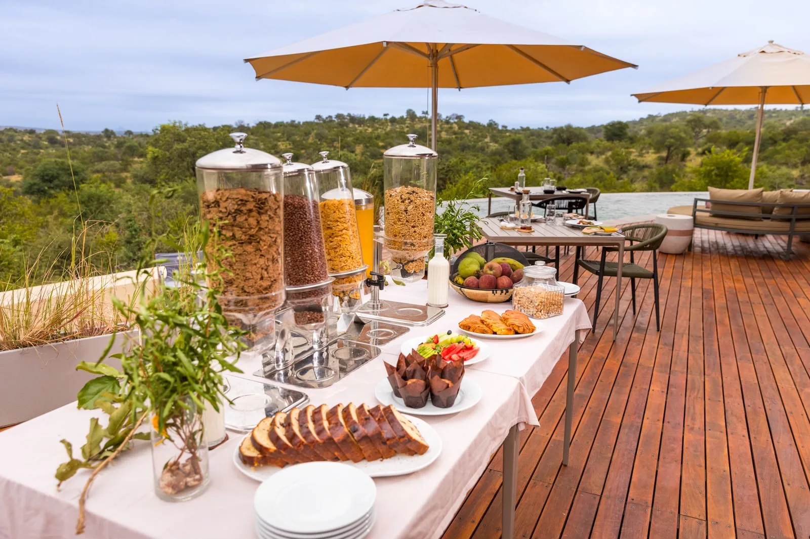 Kosher breakfast prepared on a safari lodge deck overlooking the bush